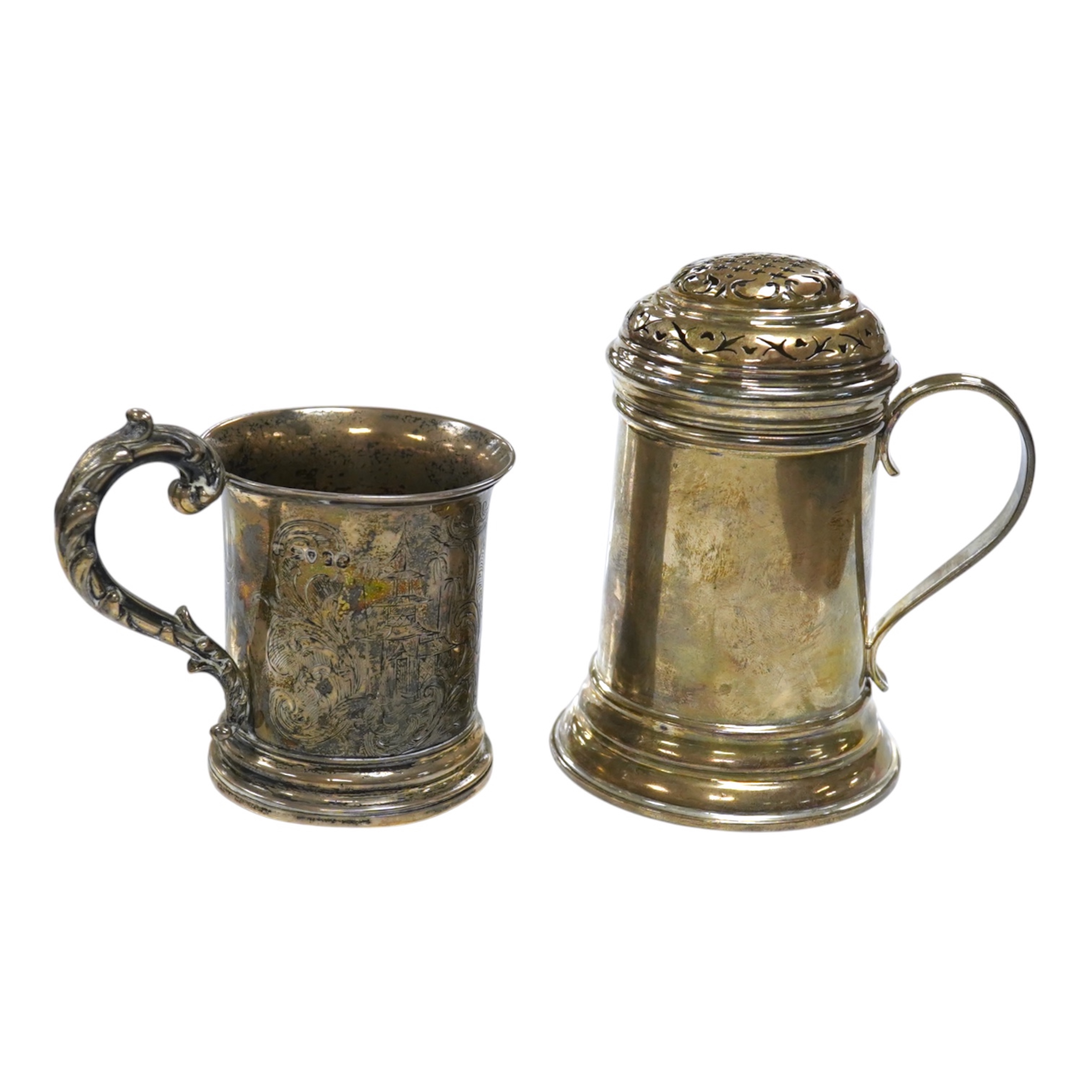 A George V Brittania standard silver kitchen pepper, by John Charles Lowe, London, 1935, 11.5cm and a Victorian silver christening mug, 10.4oz. Condition - poor to fair